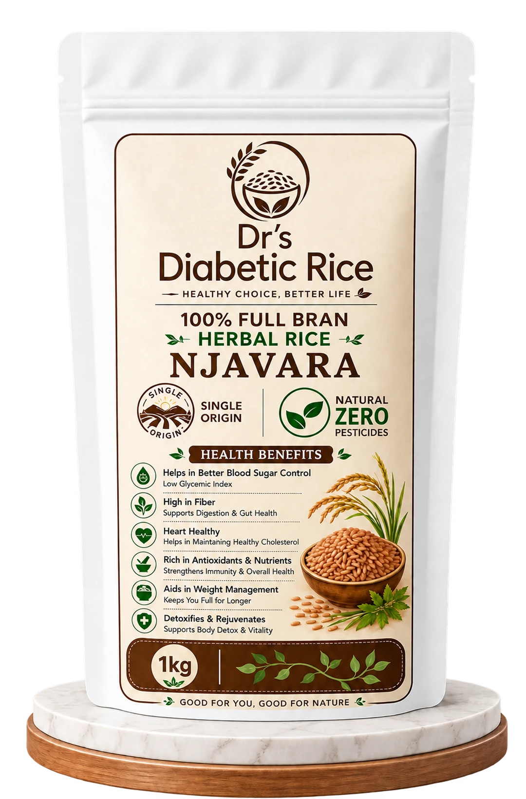 Dr's Diabetic Rice — 100% Full Bran Herbal Rice Njavara, 1kg pack